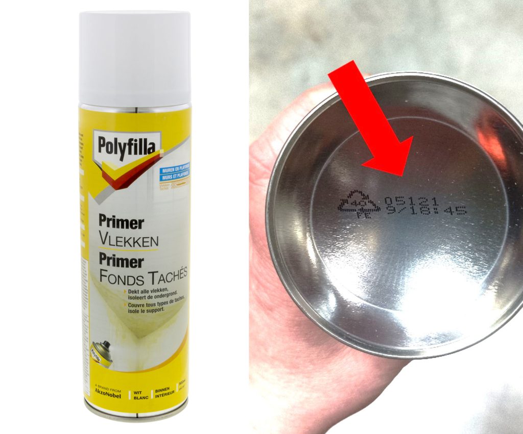 Spuitbus Polyfilla Primer vlekken met batchnummer onderzijde spuitbus